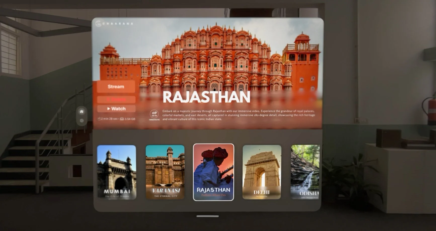 Immersive India app on Apple Vision Pro showing a travel selection menu