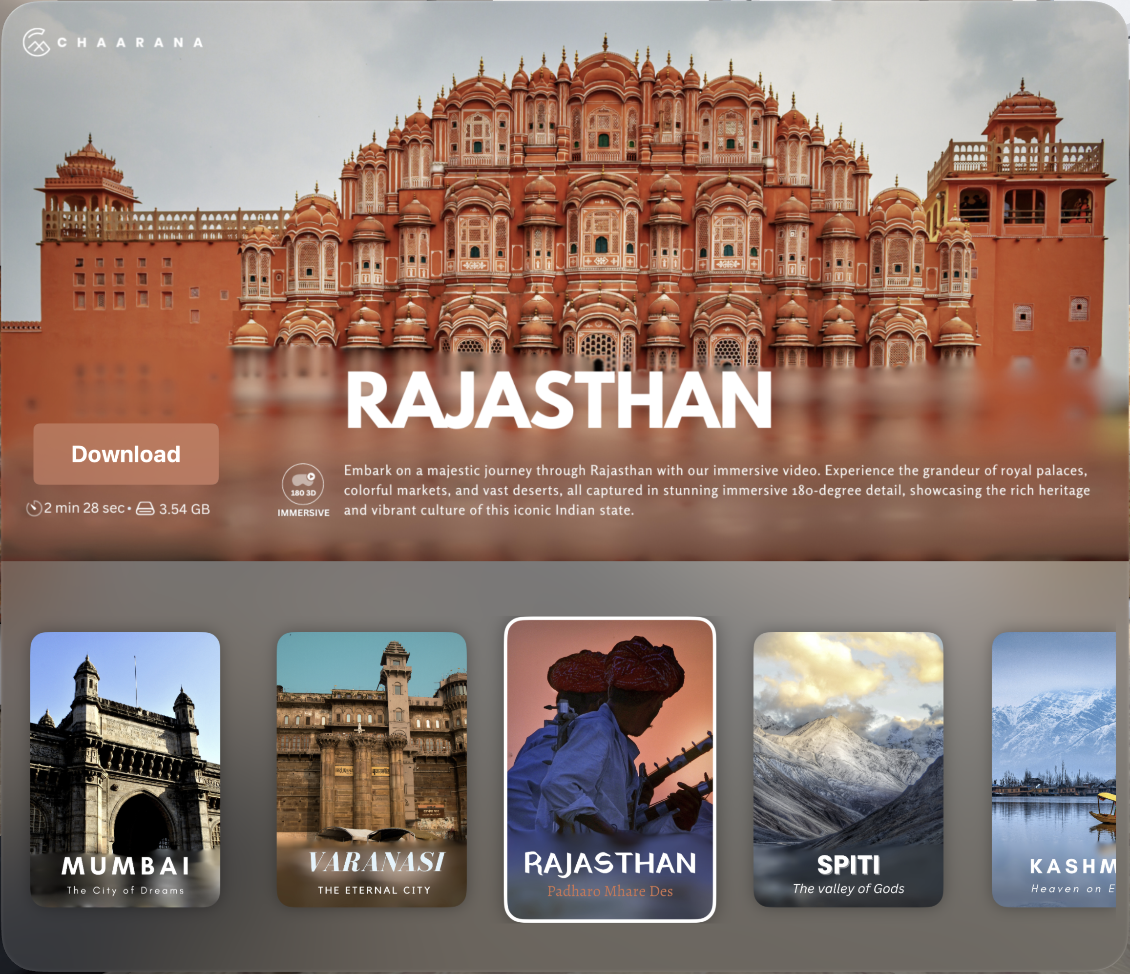 Immersive India app showing Rajasthan on the home screen