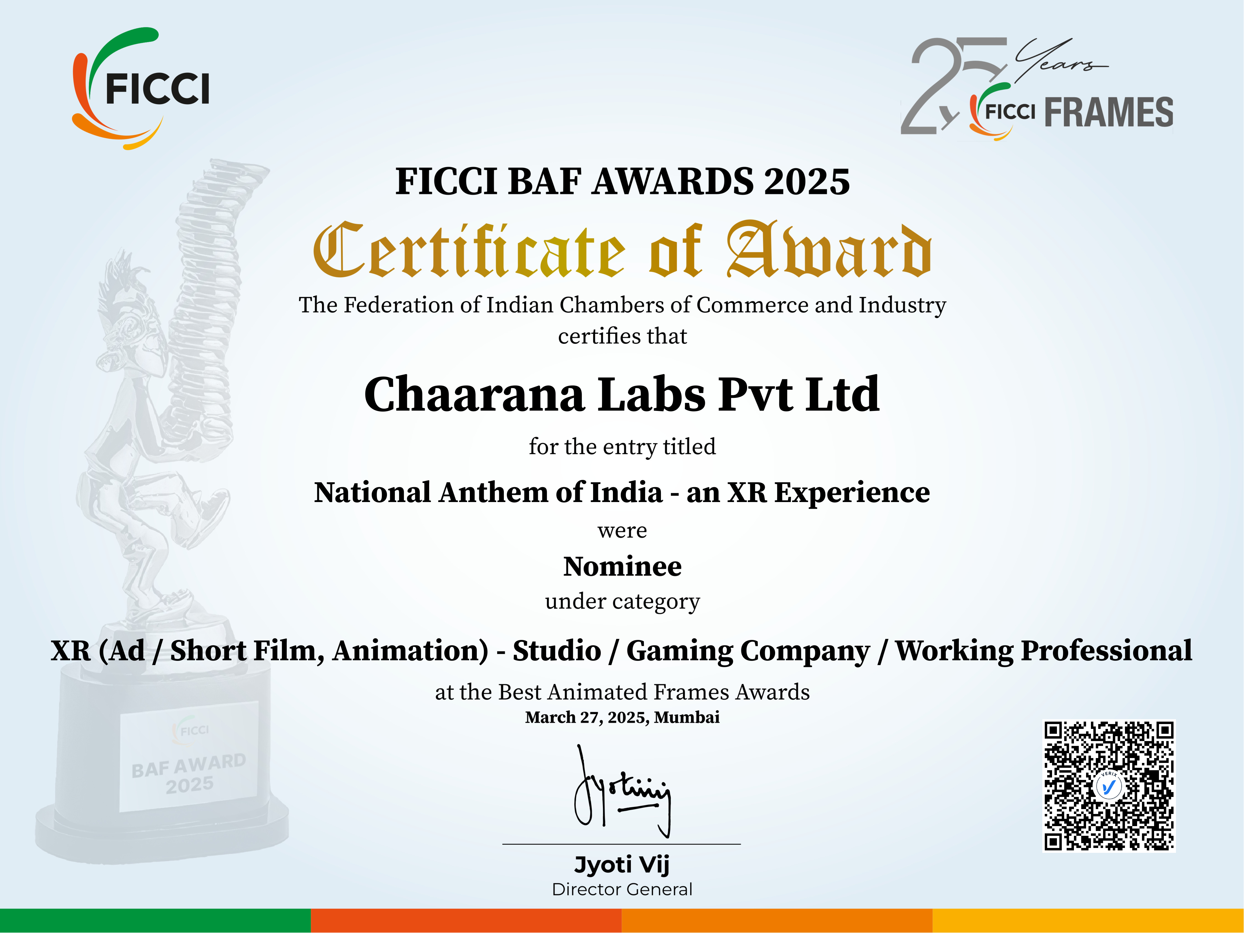 FICCI BAF Awards 2025 Certificate of Award — Chaarana Labs Pvt Ltd, Nominee, XR (Ad / Short Film, Animation) category, for National Anthem of India: an XR Experience