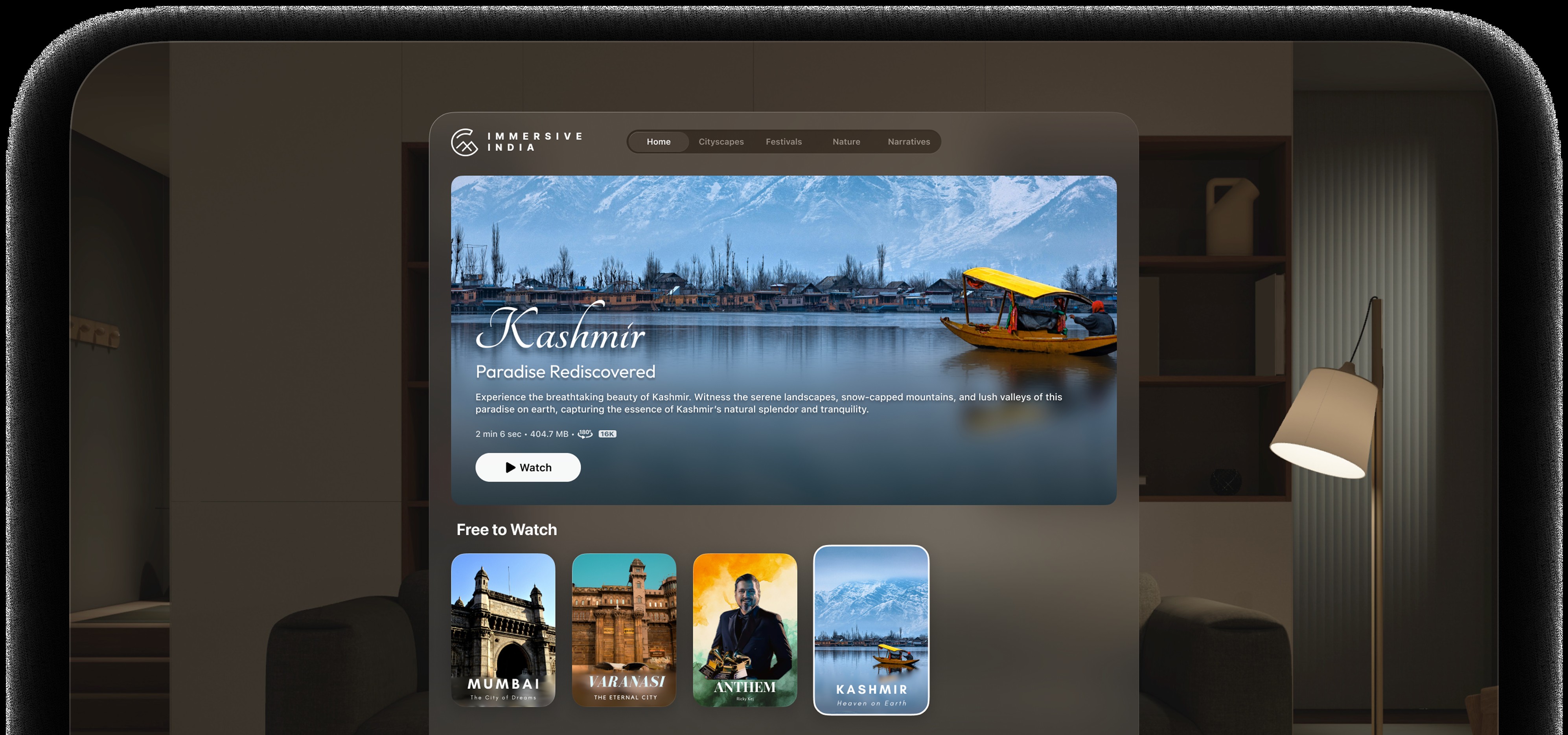 Immersive India home screen on Apple Vision Pro, featuring Kashmir